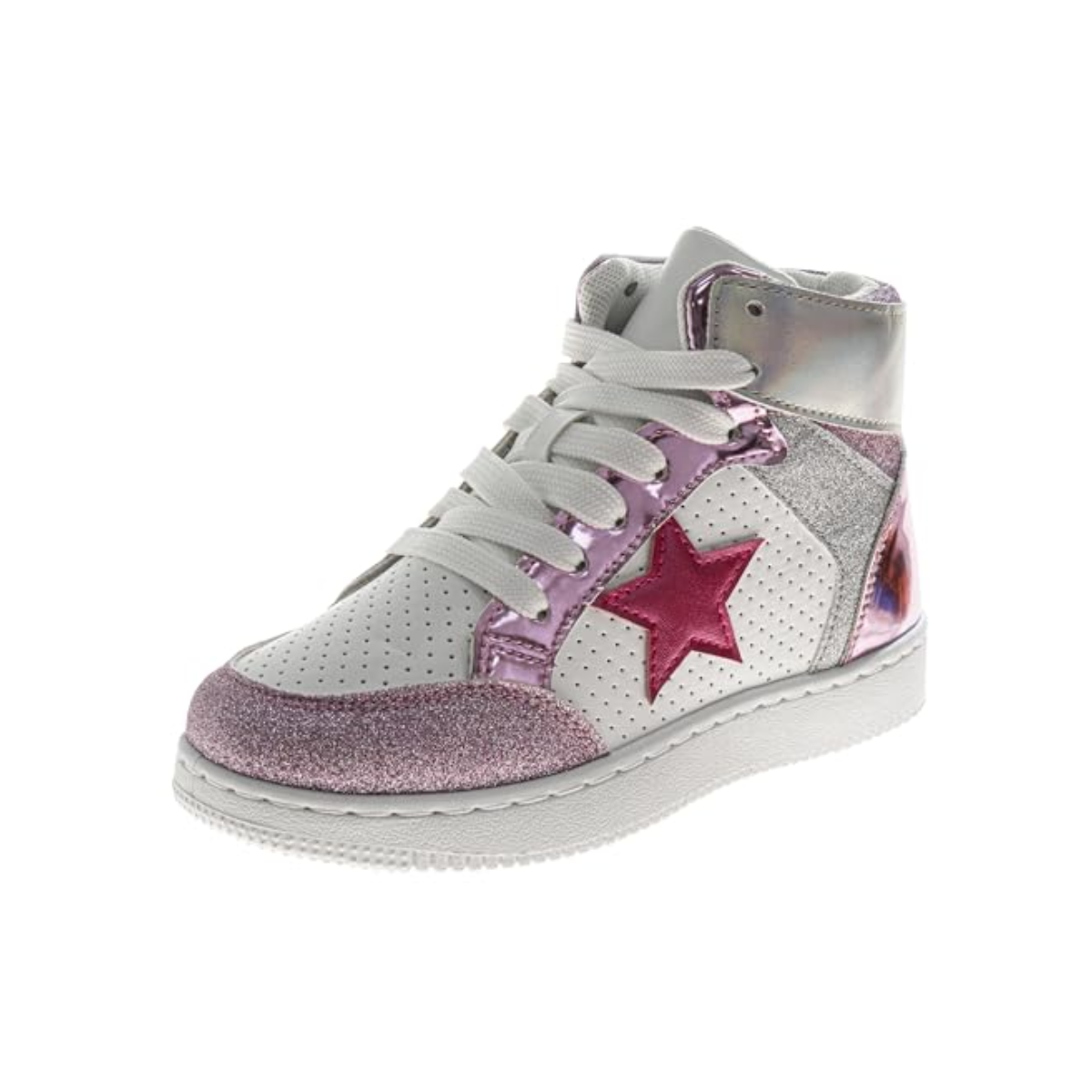 Kensie Girl Glittery High Top Sneakers for Kids - Starry Star Sneaker Lace Up Shoes Casual Footwear - White Silver Pink (Sizes Little Kid - Big Kid)